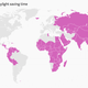A world map showing which countries don't use daylight saving time, depicted in pink. The countries include much of Africa and Asia, as well as Russia and western South America.